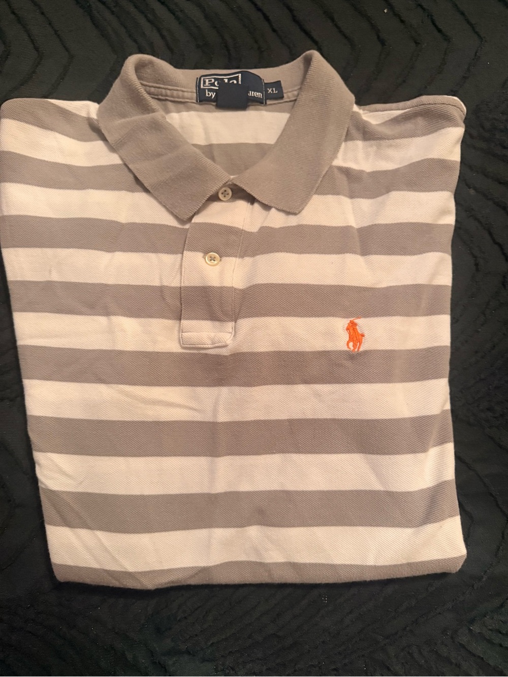 Polo by Ralph Lauren Men’s Gray & White Striped Polo with Orange Pony
